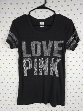 Victorias Secret PINK VINTAGE Black Sequined Animal Print BLING Tee Shirt MED